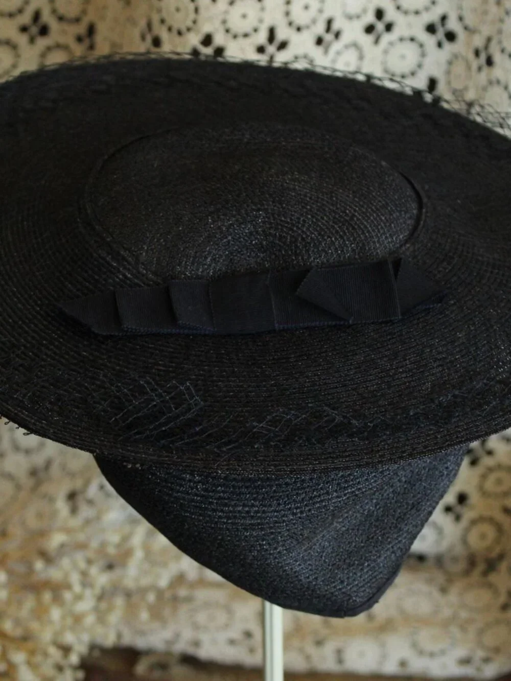 Vintage 1940s 1950s Hat, Blue Straw with Grosgrain Ribbon Trim, Union Made Cartw